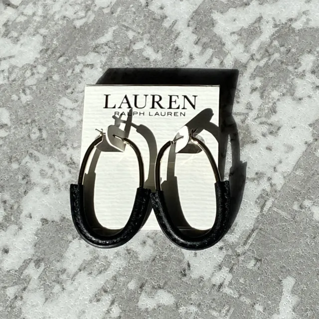 Ralph Lauren Gold Tone Black Leather Accent Hoop Earrings