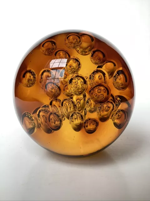 Large Amber Glass Paperweight Globe Controlled Air Bubbles Sphere Orb Brown 4.5”