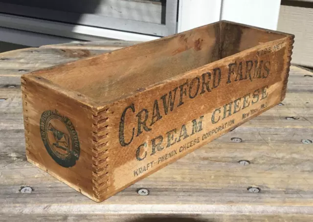 Vintage Advertising Crawford Farms NY Wooden 3 Lb Cream Cheese Box Cow Logo Farm