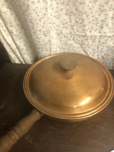 Vintage 9” Copper Frying Pan Skillet With Lid Wood Handle , Need TLC