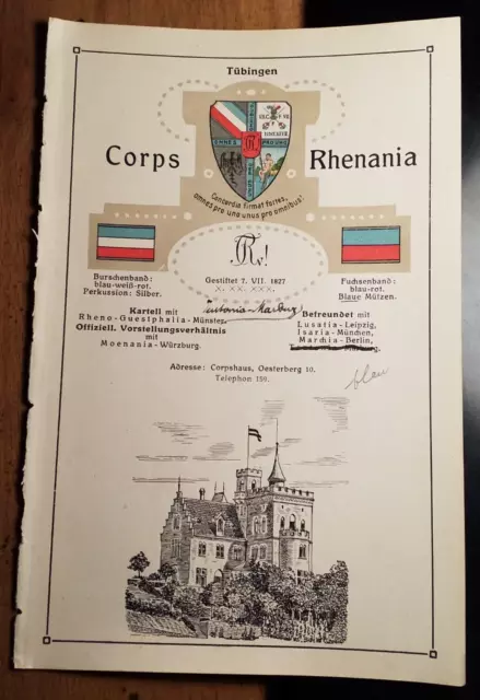 Corps Rhenania Tübingen - Wappen Zirkel Haus - um 1910 / Tafel Studentika