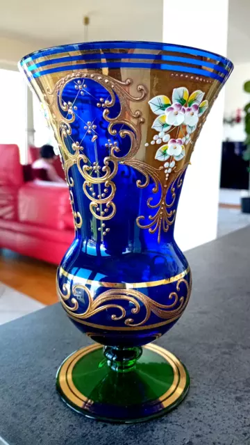 Glas Vase - BOHEMIA -Goldauflage 24K -Emallie Dekor-edel und dekorativ- H=18,5cm