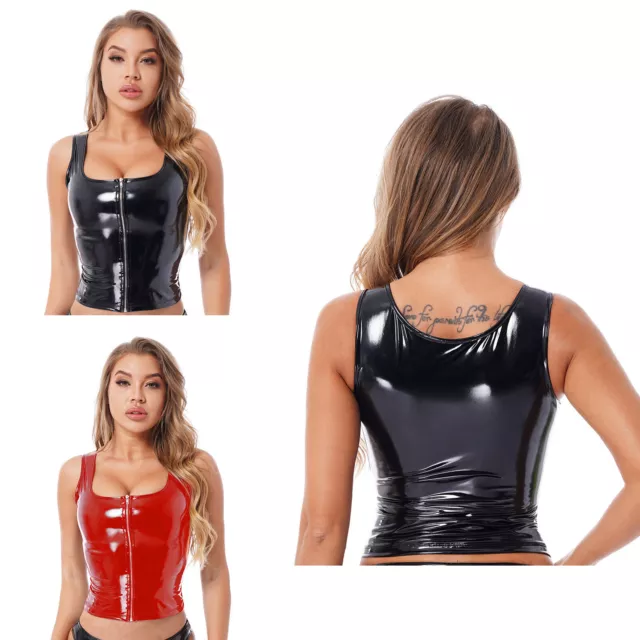 Sexy Femme Haut Court Cuir verni Débardeur Gilet Clubwear avec Fermeture éclair