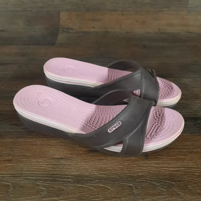 Crocs Sandals Womens 7 Cross Strap Slides Brown Pink Rubber Comfort Open Toe
