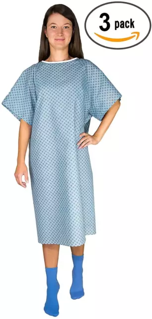 3 Pack - Blue Hospital Gown with Back Tie / Hospital Patient Gown with Ties - On