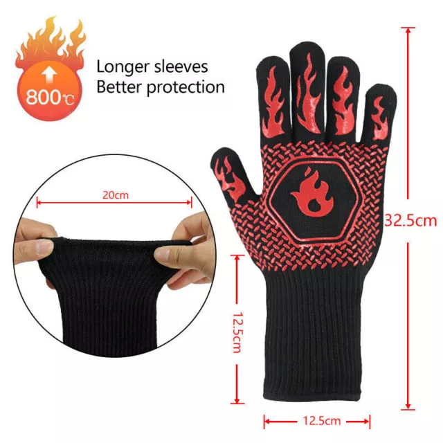 BBQ Gloves 800°C Heat Oven Grill Non-Slip Fireproof Resistant Silicone Kitchen 3