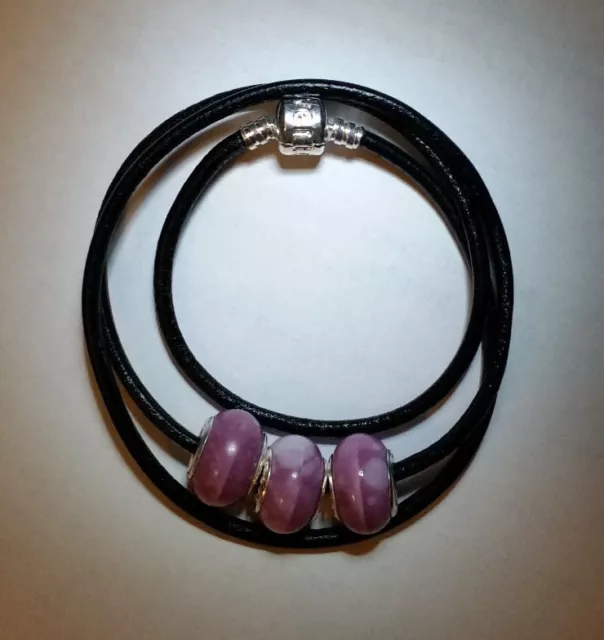 bracelet cuir triple pour charms, perles violettes