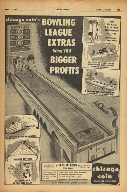 Chicago Coin's Bowling League coin-op game extras bring bigger profits ad 1957