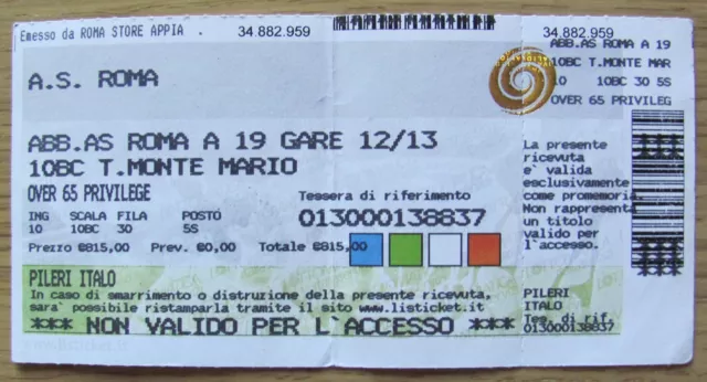 Biglietto Ingresso Stadio Olimpico AS ROMA TRIB. MONTE MARIO anni '90* Integro 2