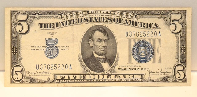 1934 A US $5 Silver Certificate XF U3765220A