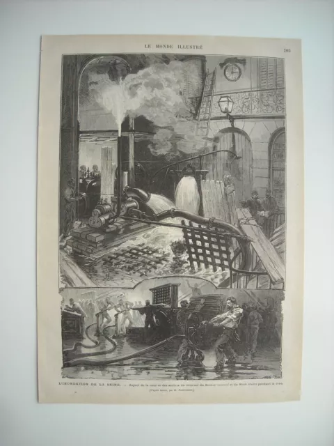 Gravure 1876. L’inondation De La Seine. Ateliers Du Sous-Sol Du Moniteur Et Mond