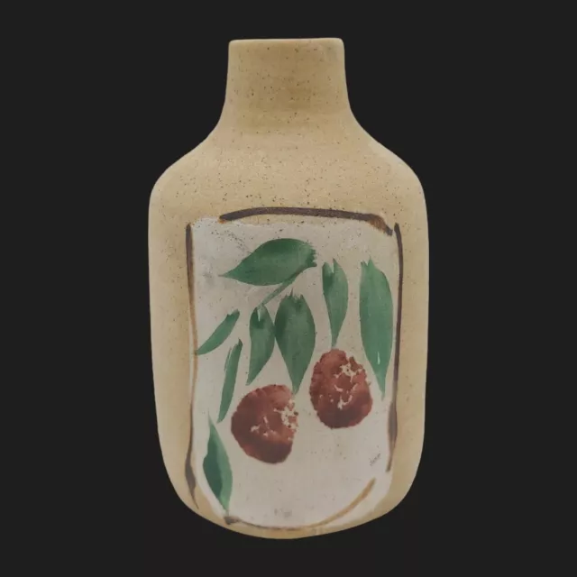 Handmade Signed Pottery Bud Vase - 4.5" Small Beige Cherry Fruit Leaf Stoneware