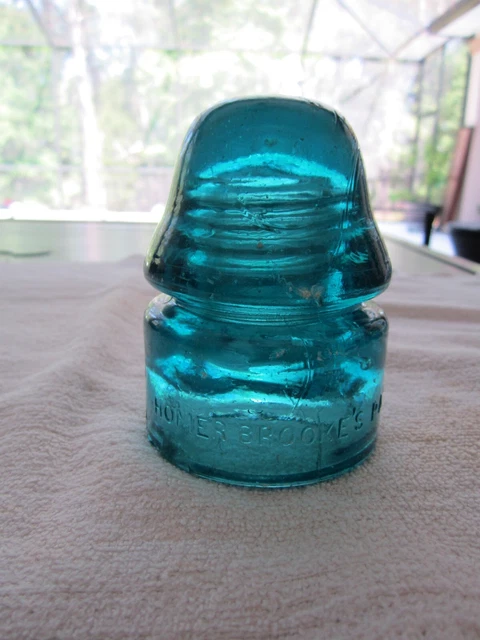 CD 133.1 HOMER BROOKES glass telephone/telegraph insulator. BROOKES BLUE COLOR!!