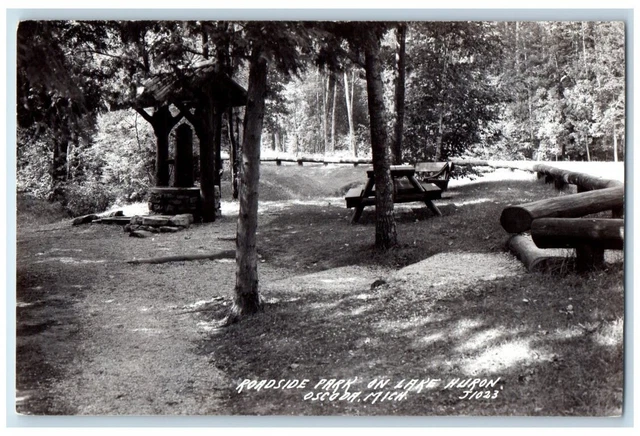 c1940's Roadside Park ON Lake Huron Well Oscoda MI RPPC Photo Unposted Postcard