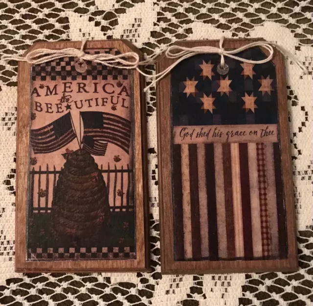 5 Handcrafted Wooden Prim Style Patriotic Ornaments/Americana Hang Tags SET3