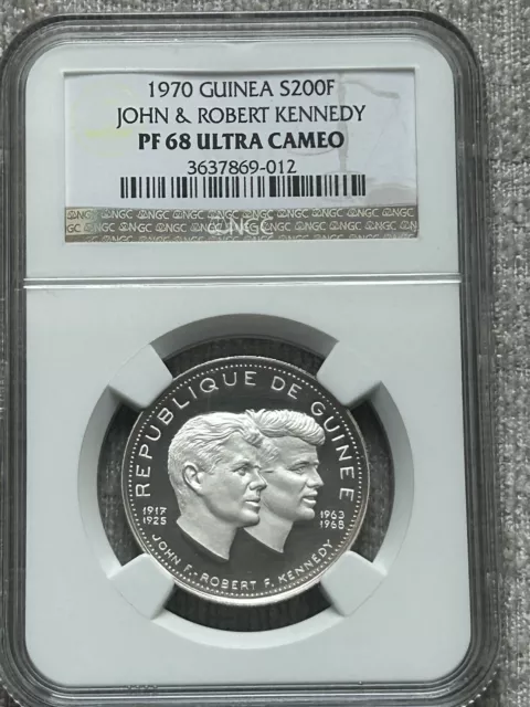 1970 Guinea 200 Francs. John F Kennedy Jr. Silver NGC PF 68. Rare!!