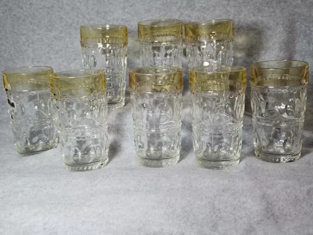 Set of 8 Vintage Indiana Glass Kings Crown Thumbprint Tumblers | Yellow Border |