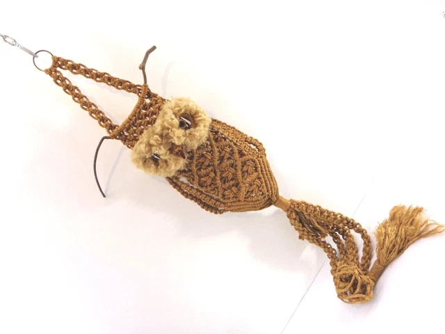 68" Vintage OWL MACRAME PLANT HANGER Mid-Century BOHO Jute Rope Woven POT HOLDER