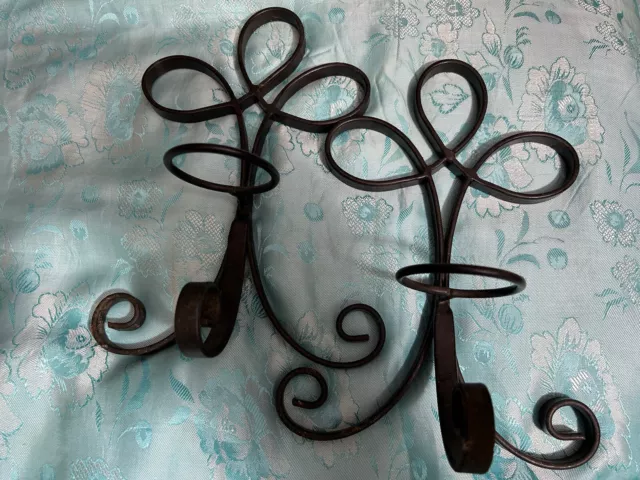 Vintage Pair Black Wrought Iron Votive Candle Sconces Wall Hanging 10x7”
