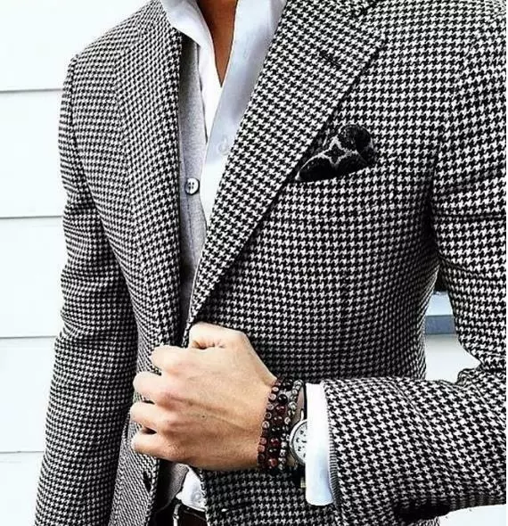 Spring Gray Men's Plaid Jacket Houndstooth Casual Weave HoundsTooth Plaid Jacket