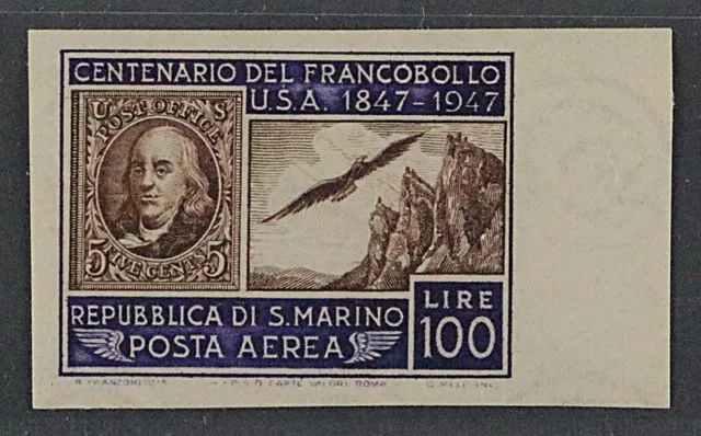 San Marino 396 U ** Flugpost 100 L. Höchstwert UNGEZÄHNT, postfrisch, 400 €