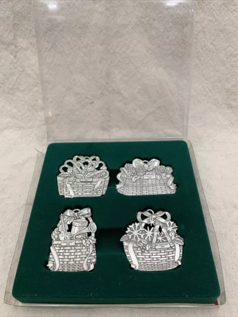 Longaberger Baskets 2001-04 Pewter Christmas Basket Ornaments 4 With Ribbons