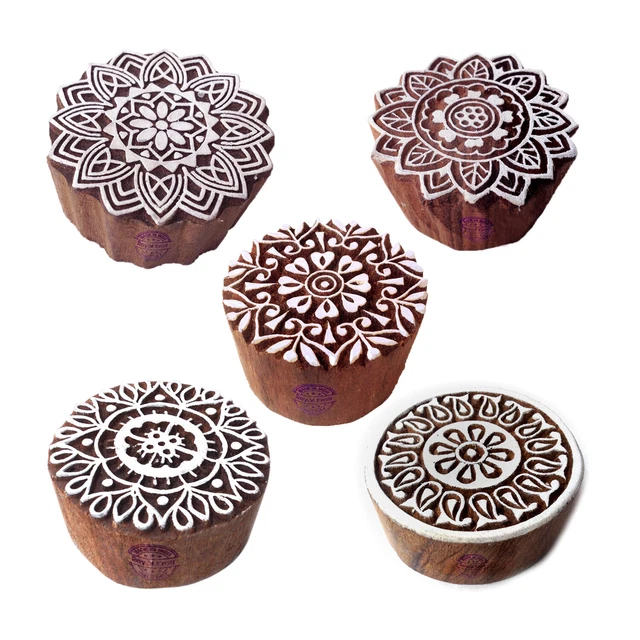 Indisch Entwürfe Blumen und Mandala Holz Stempel für Drucken (Set von 5)