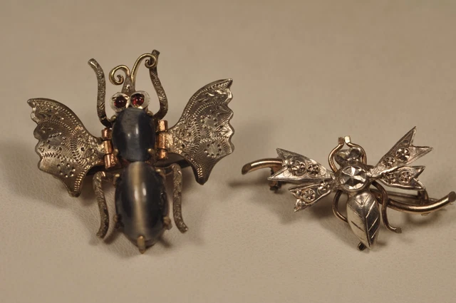 2 Broches Ancien Insecte Argent Massif Antique Insect Solid Silver Brooch