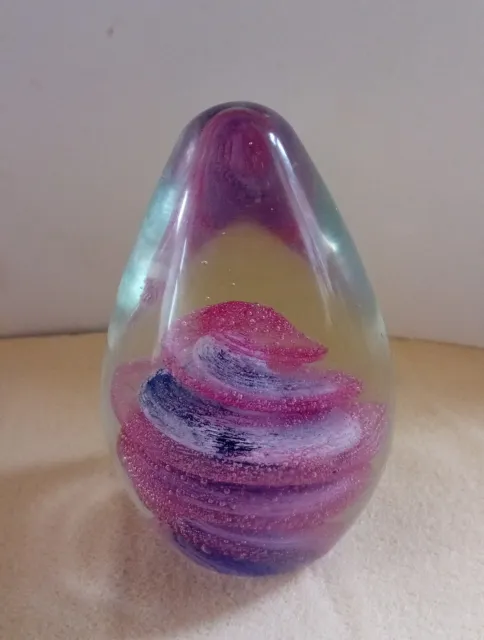 Art Glass Egg Shaped Paperweight Blue Pink Purple Tornado Swirl Vortex