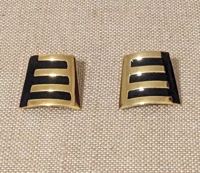 Gold Tone Black Enamel Stripes Earrings Pierced Studs Statement Egyptian Revival