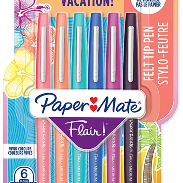 PAPERMATE Flair Fibre Tip Pen - Medium - Tropical Colours (Blister of 6) - NEW