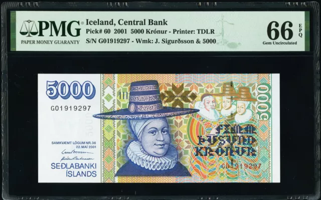 Iceland 5000 Kronur 2001 Pick-60 GEM UNC PMG 66 EPQ