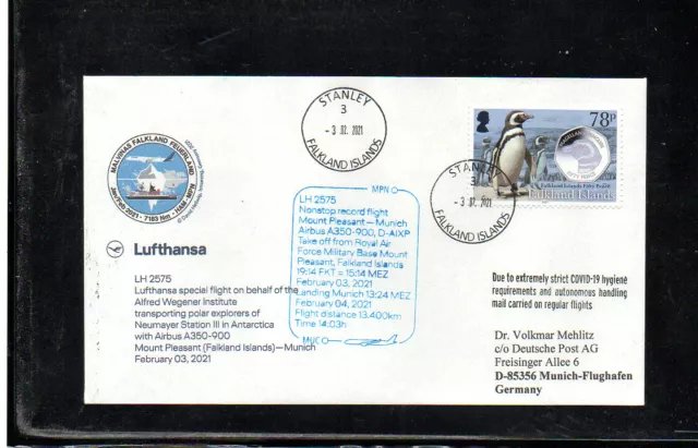 Lufthansa Ffc Erstflug Record Flight Mount Pleasant Falkland - Munich 2021