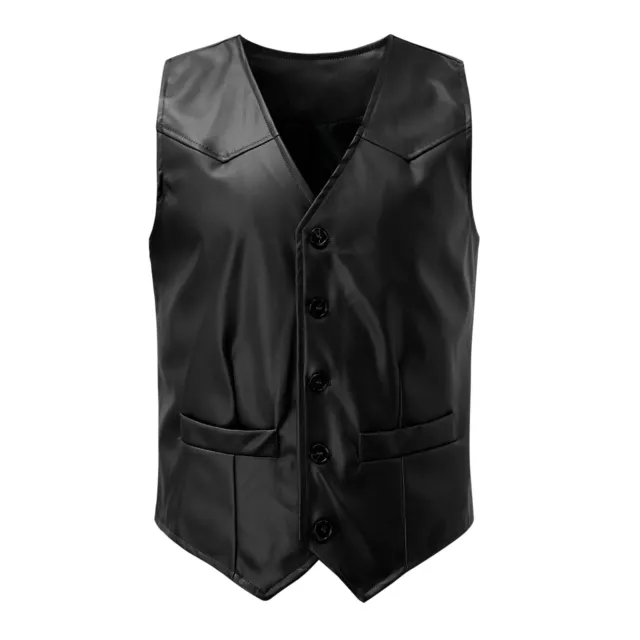 Men's Retro Vest V-Neck Solid Color Pocket With Button Leather Waistcoat Tops