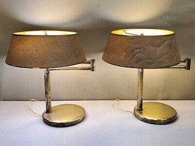 Pair of Vintage Nessen Swing Arm Brass Table Lamps with Shades
