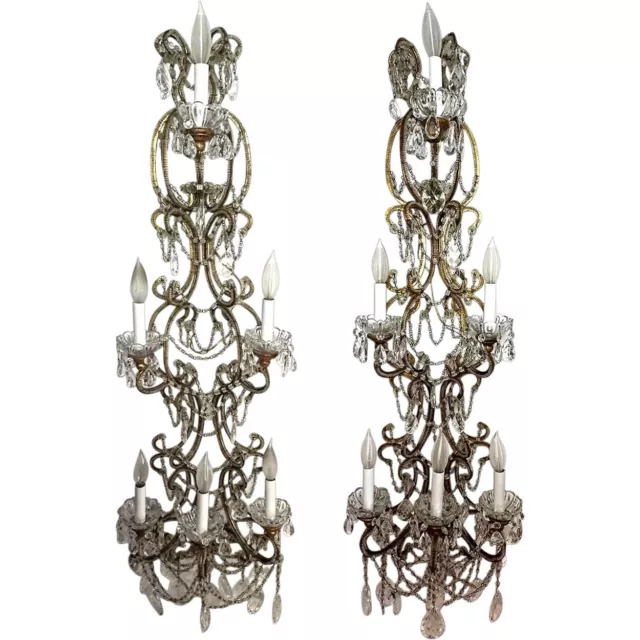 Pair Large Vintage European Gilt Wrought Iron Beaded Crystal Wall Sconces 44 in.