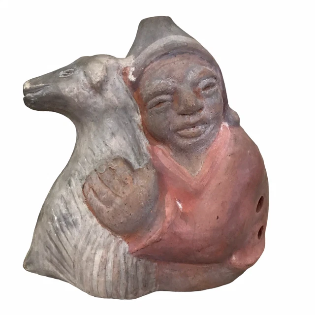 Taller Amerindio artist signed Men and Dragon whistle Chile  Ceramic figurine
