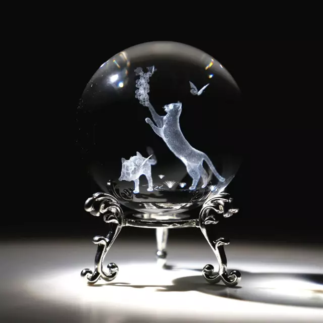 Cat Crystal Ball with Stand 60Mm 3D Engraved Decorative Glass Sphere Paperweight