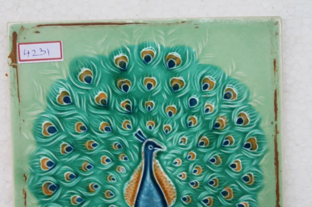 Tile Majolica Peacock Dancing Vintage Made In Japan Art Nouveau Porcelain Nh4231 2