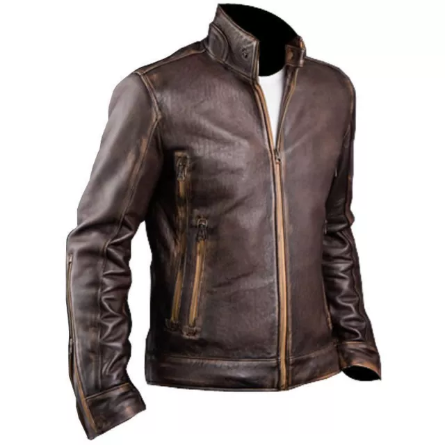 Mens Cafe Racer Stylish Biker Brown Distressed Motorcycle Leather Jacket