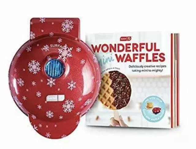 Dash Wonderful Mini Waffle Gift Set Red with White Snowflakes and Recipe Book