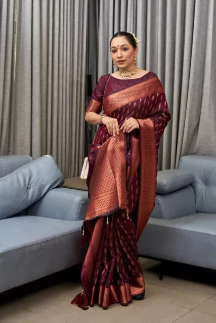 Beautiful New Banarasi Soft Silk Maroon Sari For Women's Wedding & Party Wear