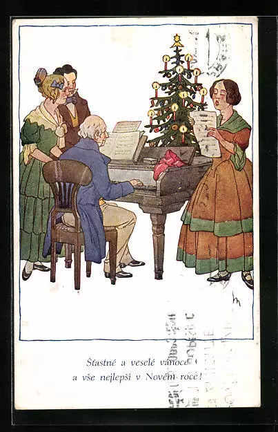 Klavierspiel mit Gesang unterm Weihnachtsbaum, Ansichtskarte
