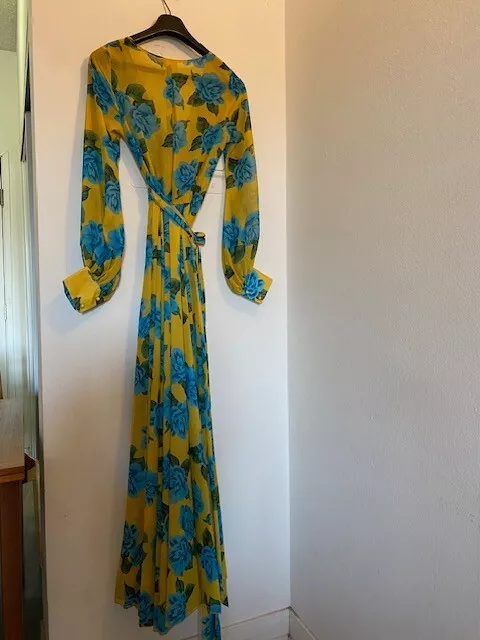 Va Va Voom Yellow Floral Long-Sleeve Belted Long Maxi Dress Size M Lightweight 3