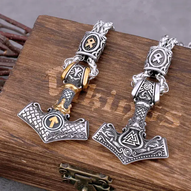 Vikings Wikinger Mjölnir Thor Hammer Valknut Othila Edelstahl Anhänger + Kette