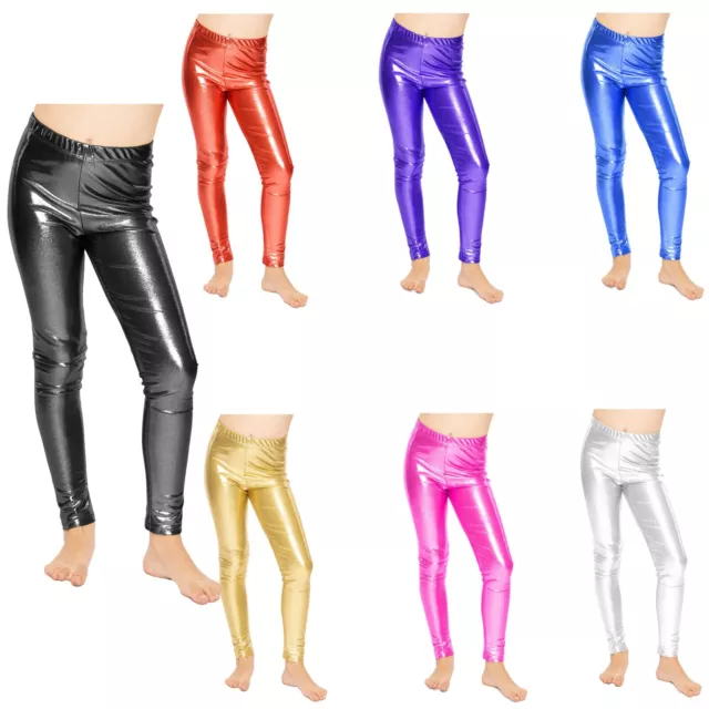 Legging nuovi ragazze look bagnato bambini pellicola lucida danza metallica età 5-13 anni