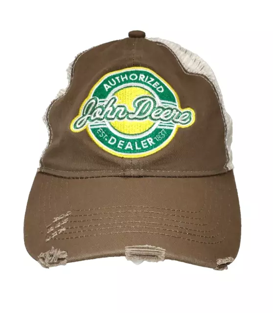 John Deere Authorized Dealer Ballcap Trucker Hat Strap Back Brown Distressed