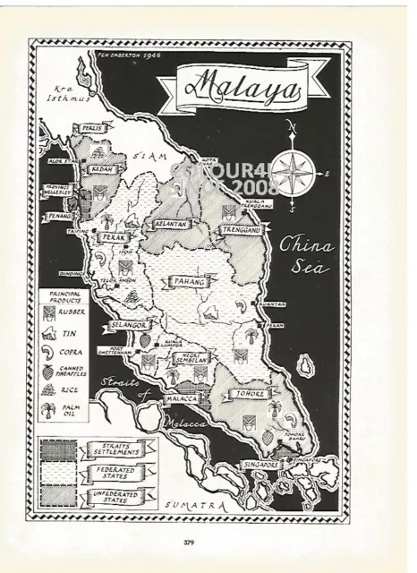 Principal Products Malaya Map Sumatra China Sea Siam 1947 Illustration Print