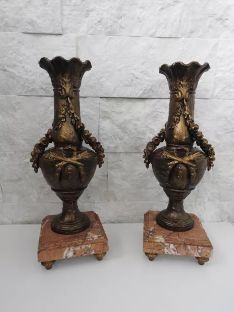 ancienne paire de cassolette marbre régule garniture de pendule cheminée vases