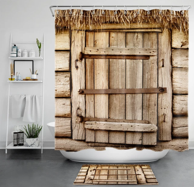 Country Style Rustic Wood Barn Door Shower Curtain Bathroom Accessories Set